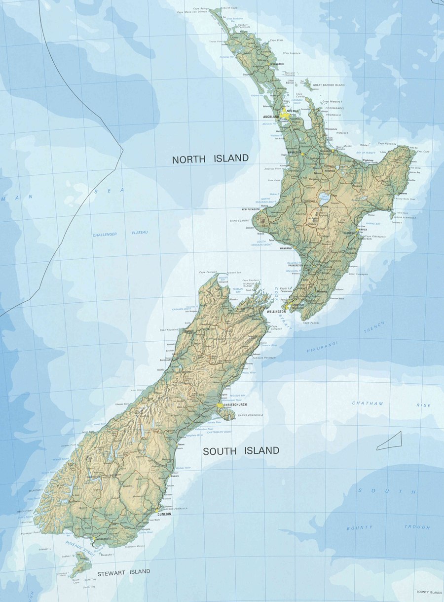 New Zealand 1:3,000,000 topographic map from Toitū Te Whenua Land Information New Zealand